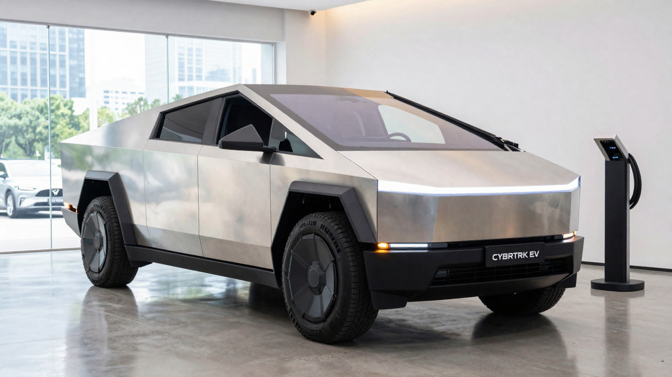 Carro elétrico Tesla Cybertruck prata em ambiente interno próximo a carregador.
