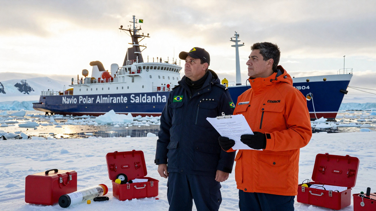 Dois homens em roupas de inverno com papéis e equipamentos sobre neve, navio polar ao fundo.