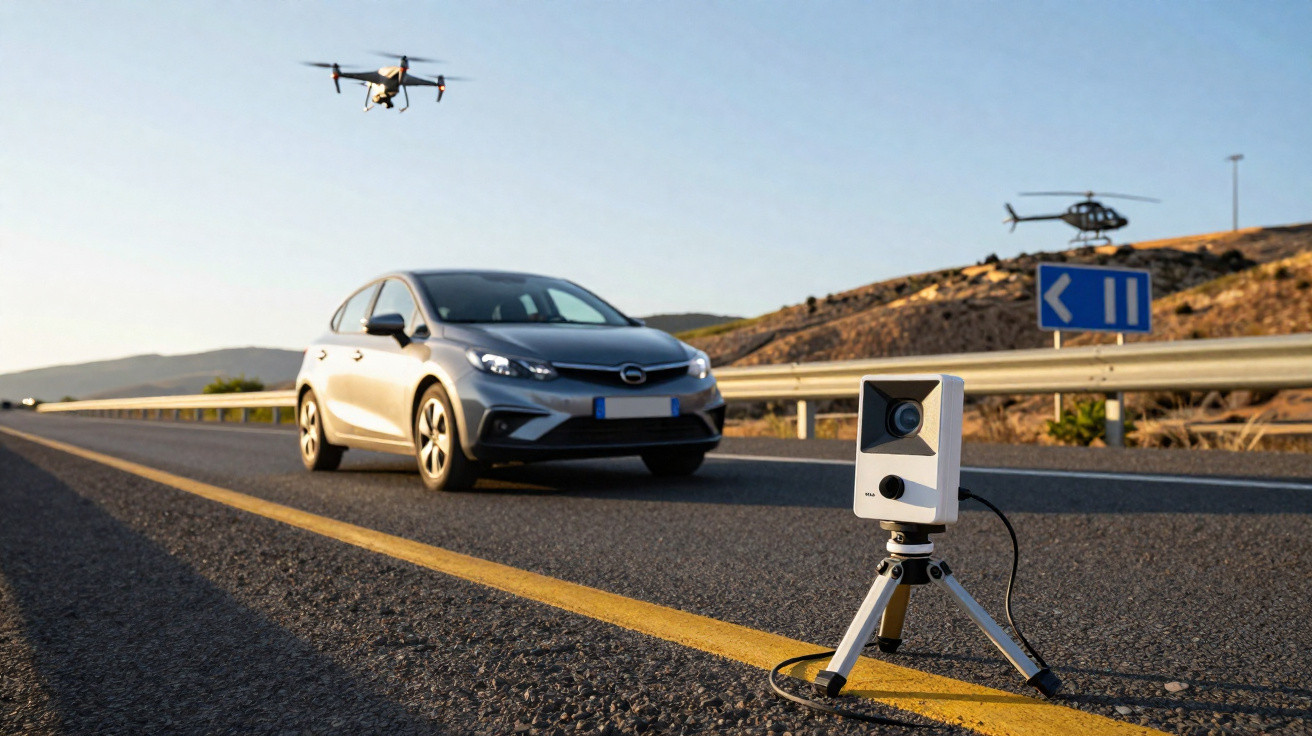 Carro cinza na estrada com câmera de vigilância, drone e helicóptero monitorando o tráfego ao fundo.