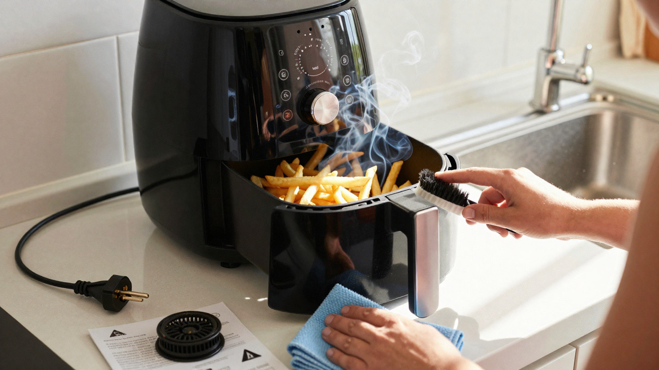 Fritadeira elétrica preta com batatas fritas quentes soltando vapor em balcão de cozinha.
