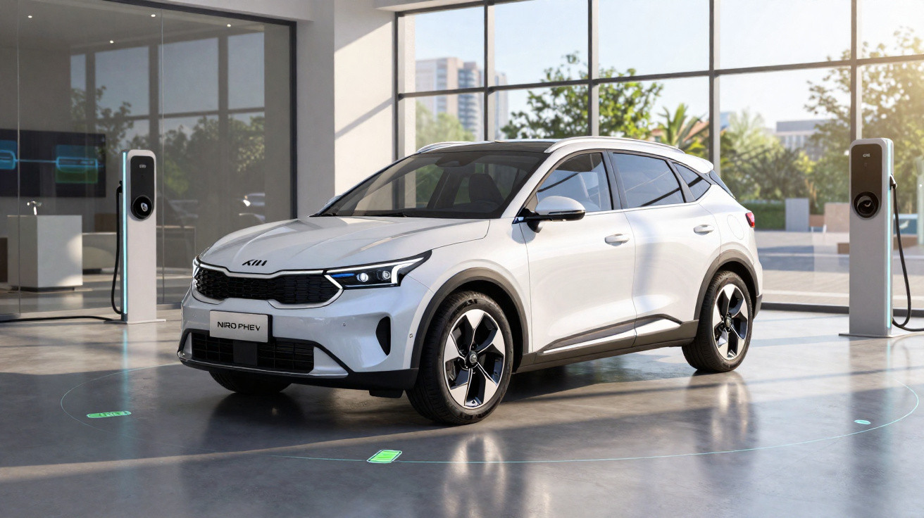 Carro elétrico branco Kia Niro PHEV estacionado em showroom moderno com estações de recarga.