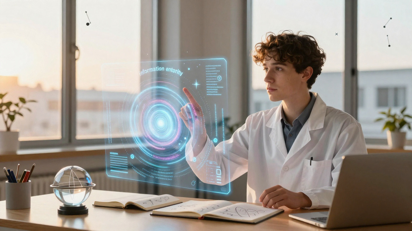 Jovem cientista interage com tela holográfica projetada, sentado à mesa com livros e laptop em laboratório moderno.
