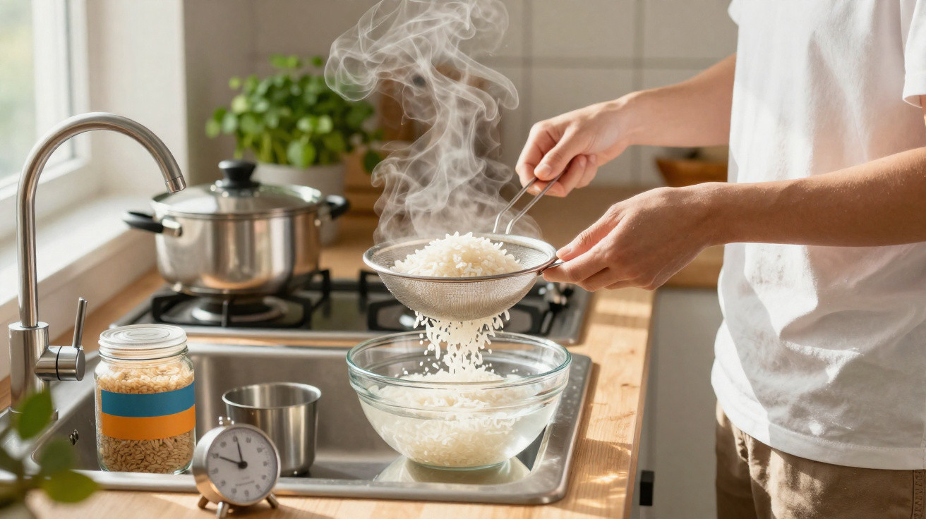 Pessoa escorrendo arroz cozido quente em uma peneira sobre uma tigela de vidro na pia da cozinha.