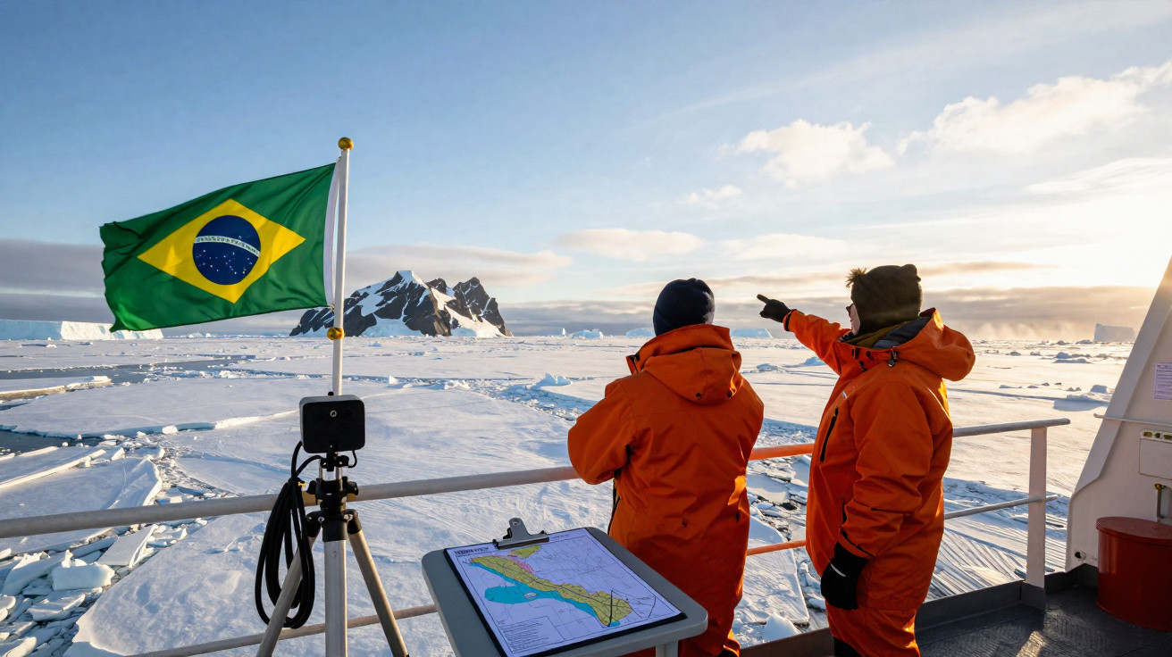 Dois exploradores com roupas laranja observam a paisagem gelada da Antártida em um barco com a bandeira do Brasil.