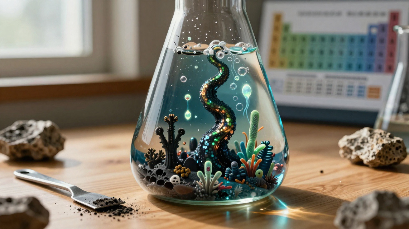 Frasco de vidro com miniatura de ecossistema submarino colorido, sobre mesa de madeira, com acessórios científicos.