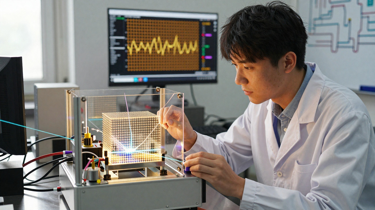 Cientista em laboratório ajusta equipamento com cubo luminoso e computador com gráfico ao fundo.