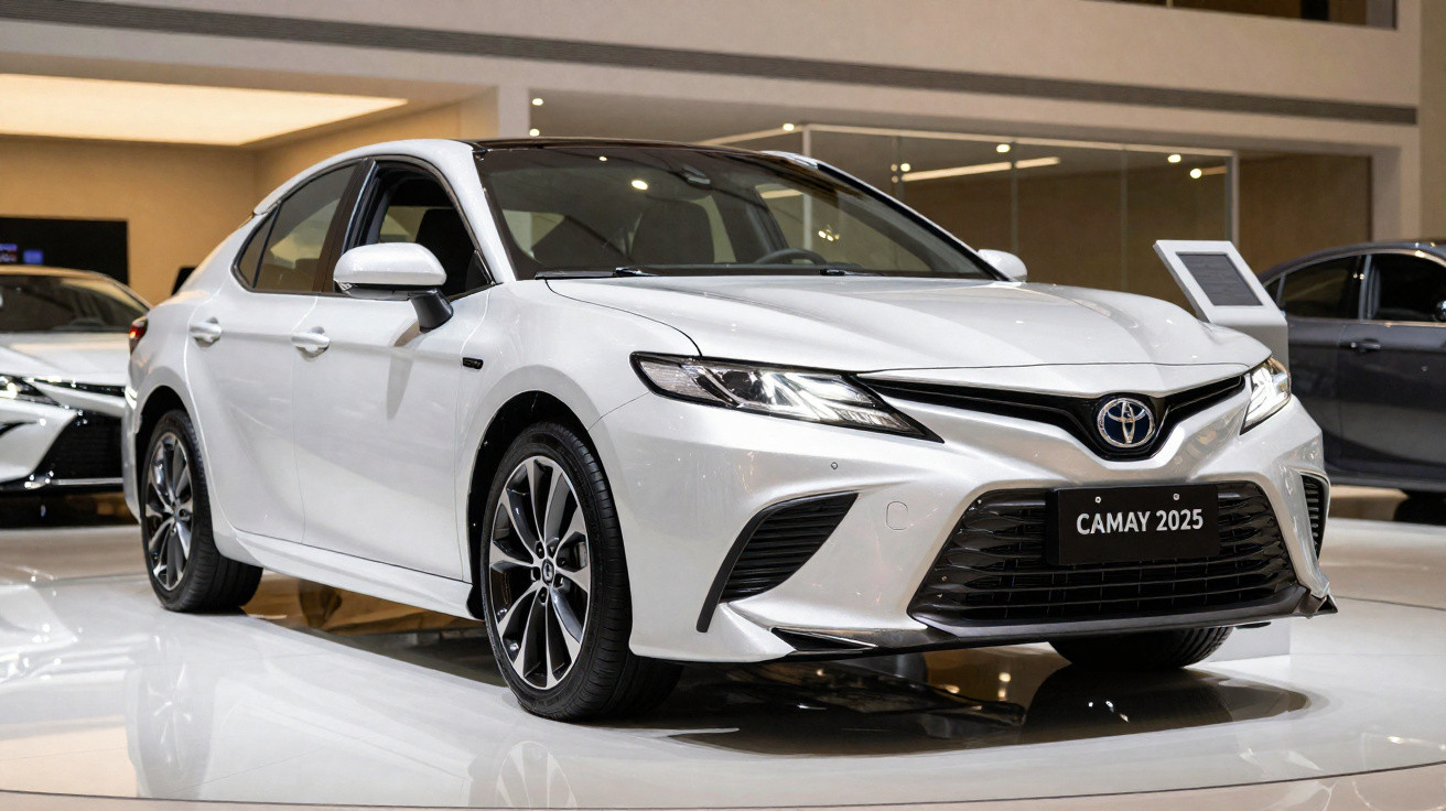 Carro sedã branco Toyota Camay 2025 exibido em showroom com iluminação interna moderna.