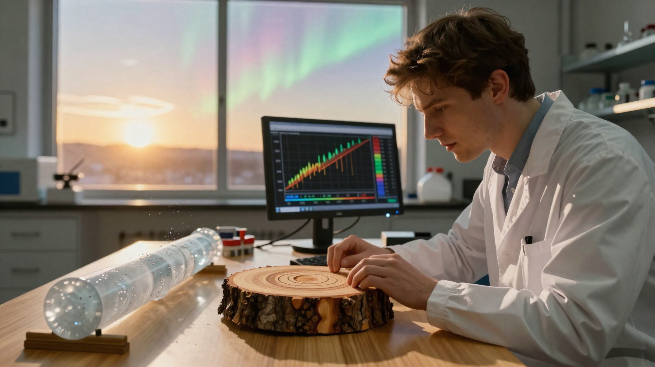 Pesquisador em jaleco analisa um tronco de árvore em laboratório com gráfico no computador ao fundo.