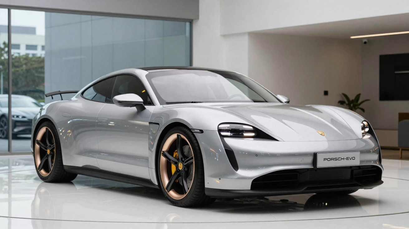 Carro esportivo Porsche Taycan EVO prata em showroom moderno com rodas douradas e teto preto.