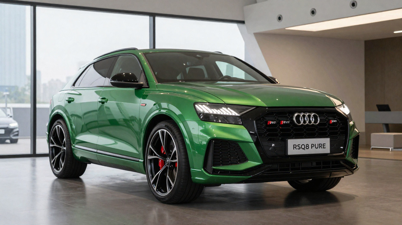 Audi RS Q8 verde em salão com rodas pretas e detalhes vermelhos, visto de frente e lado esquerdo.