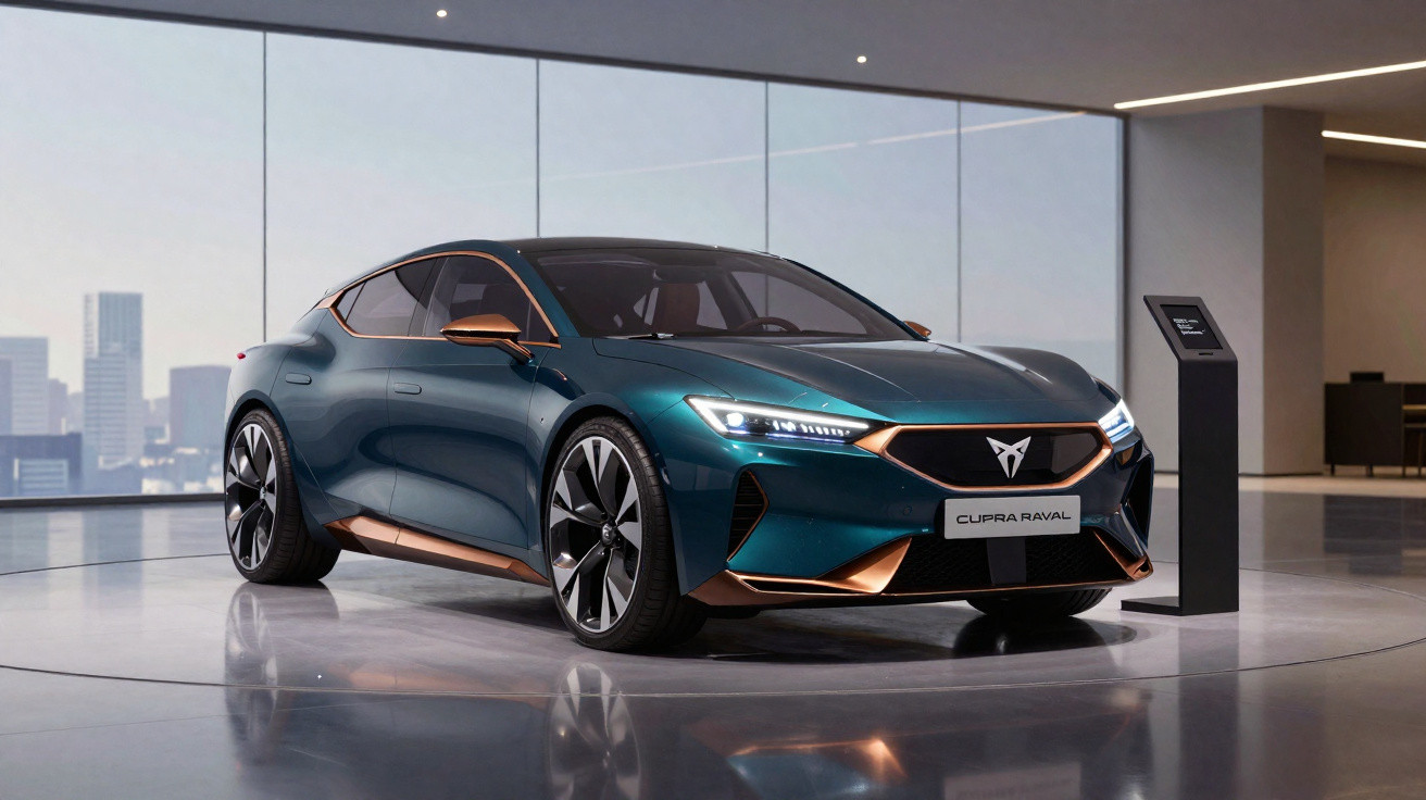 Carro esportivo elétrico verde com detalhes em cobre exibido em showroom moderno com vista para cidade.