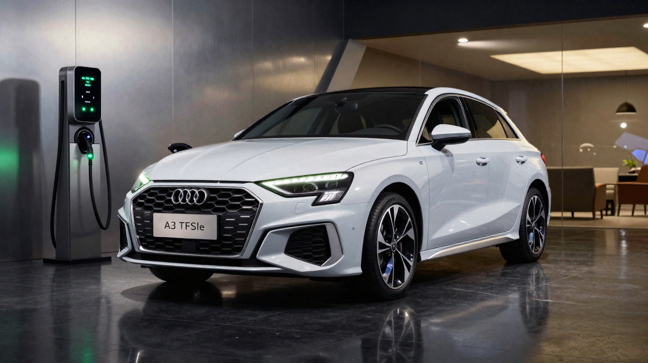 Carro elétrico Audi A3 TFSIe branco estacionado e carregando em estação de recarga interna moderna.