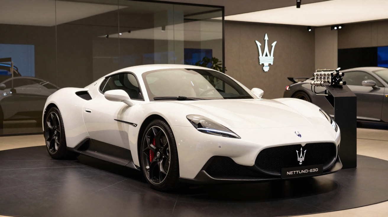 Carro esportivo branco Maserati Nettuno-630 em exposição interna com logo da Maserati na parede.
