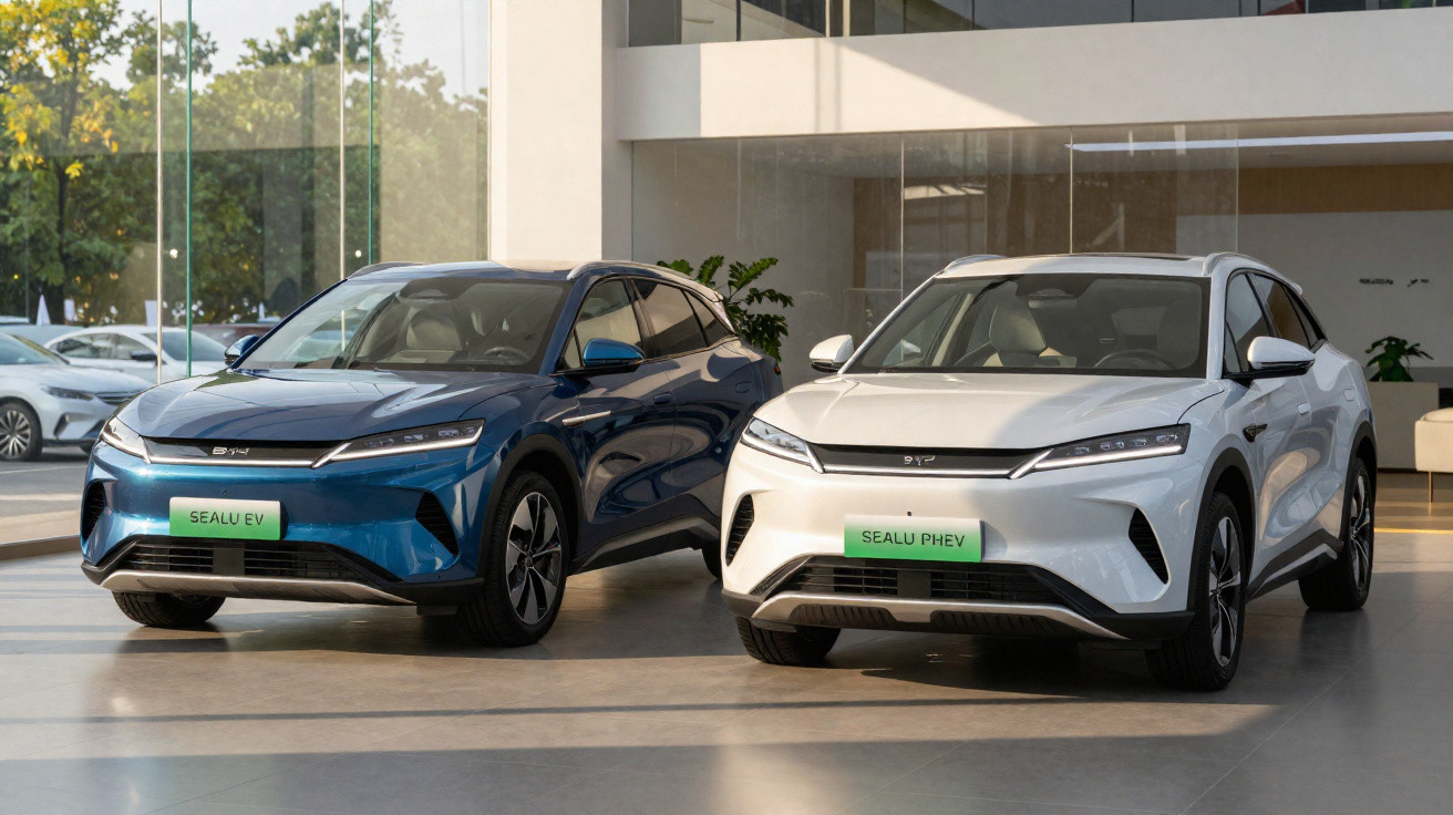 Dois SUVs elétricos estacionados em showroom, um azul com placa SEALU EV e um branco com placa SEALU PHEV.