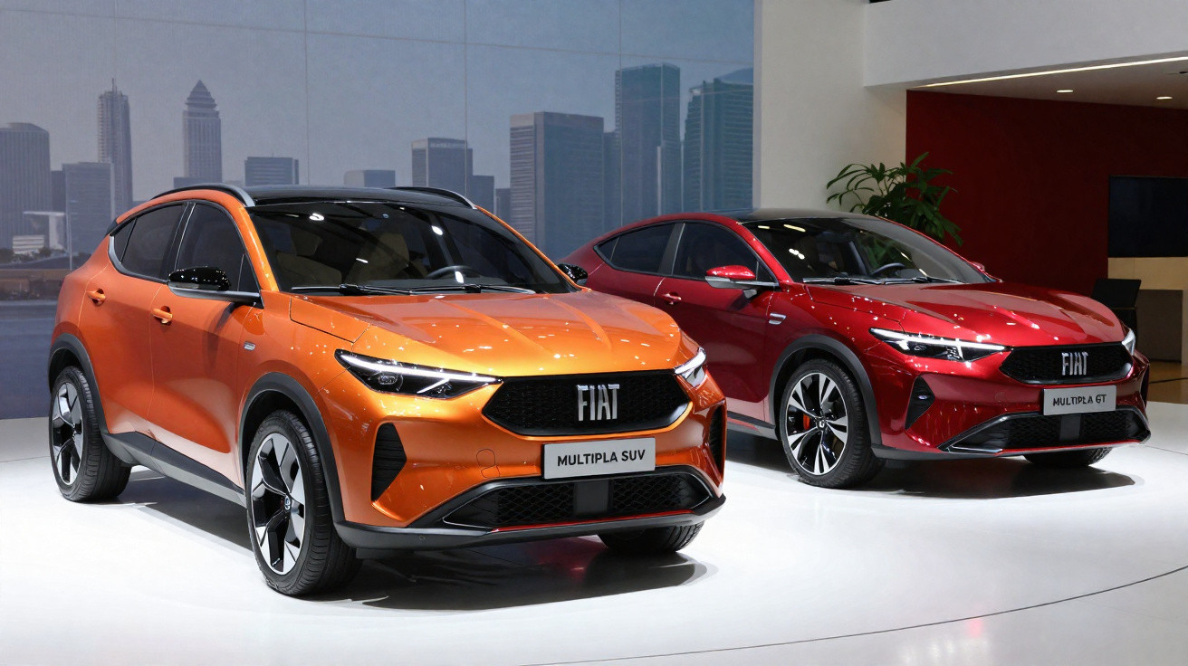 Dois carros Fiat Multipla em exposição, um SUV laranja e outro GT vermelho, com prédios ao fundo.