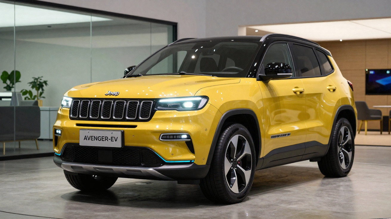 Carro SUV elétrico Jeep Avenger EV amarelo com teto preto em showroom moderno.