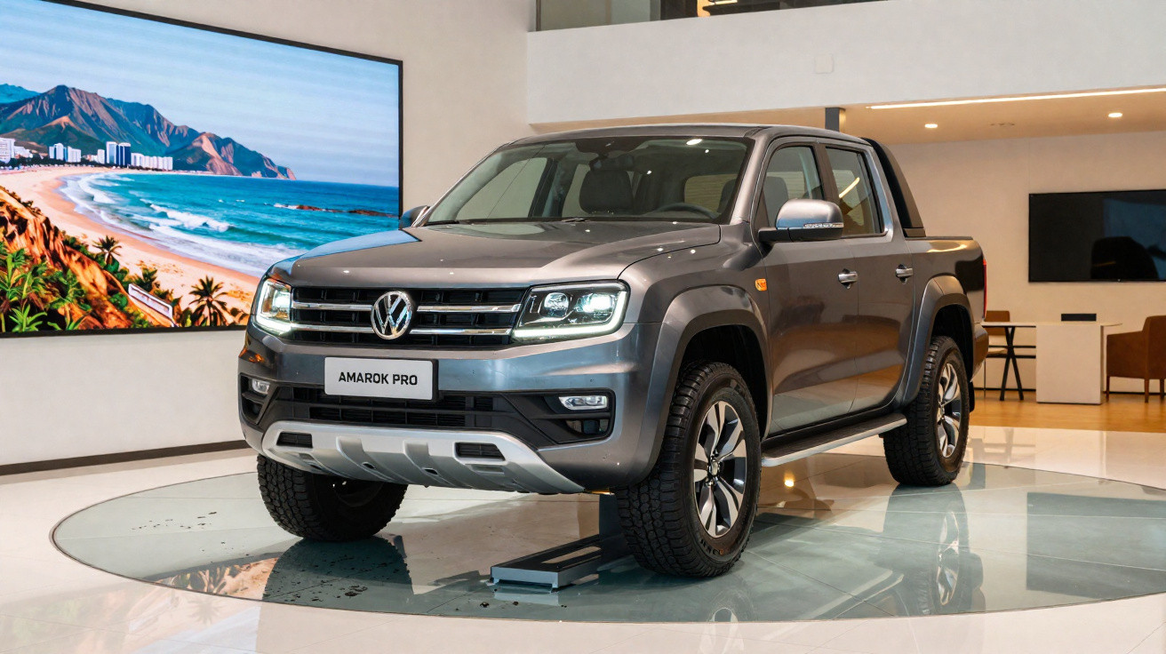 Picape Volkswagen Amarok Pro cinza exibida em showroom moderno com tela grande ao fundo.