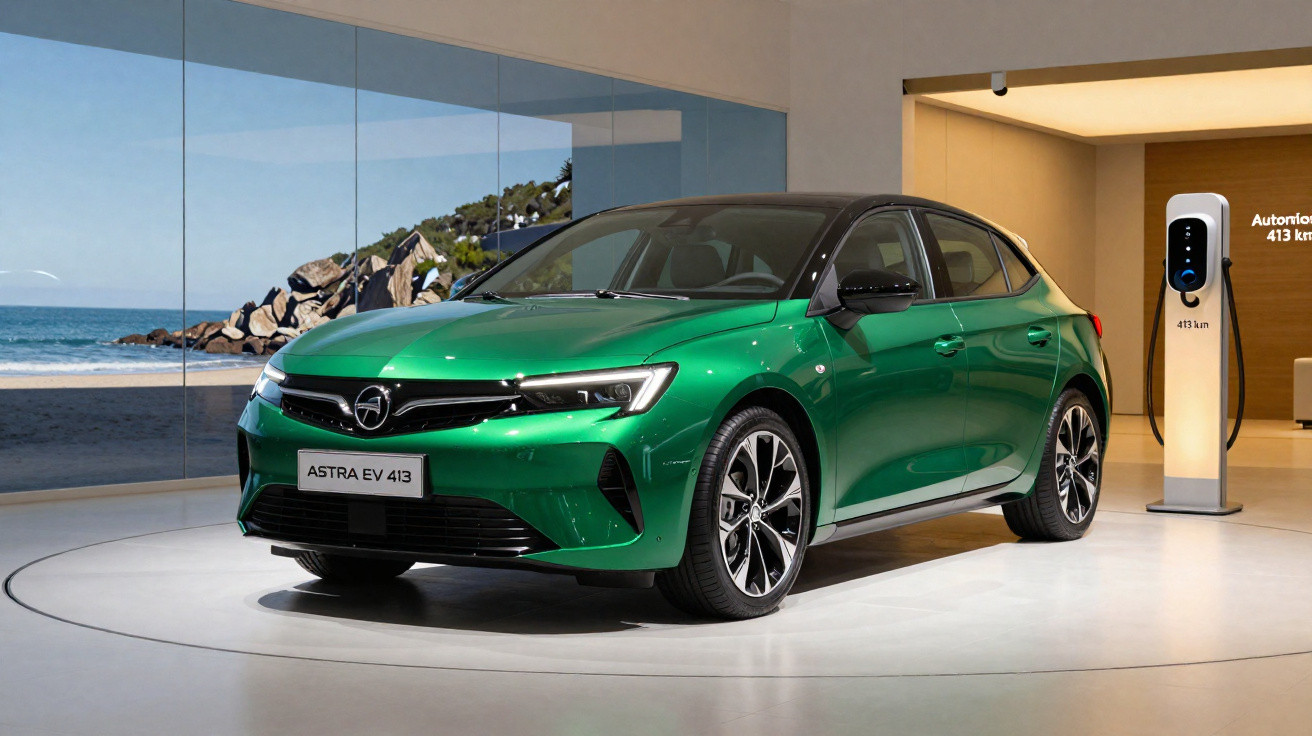 Carro elétrico verde Opel Astra EV 413 exibido em salão com carregador elétrico ao lado.