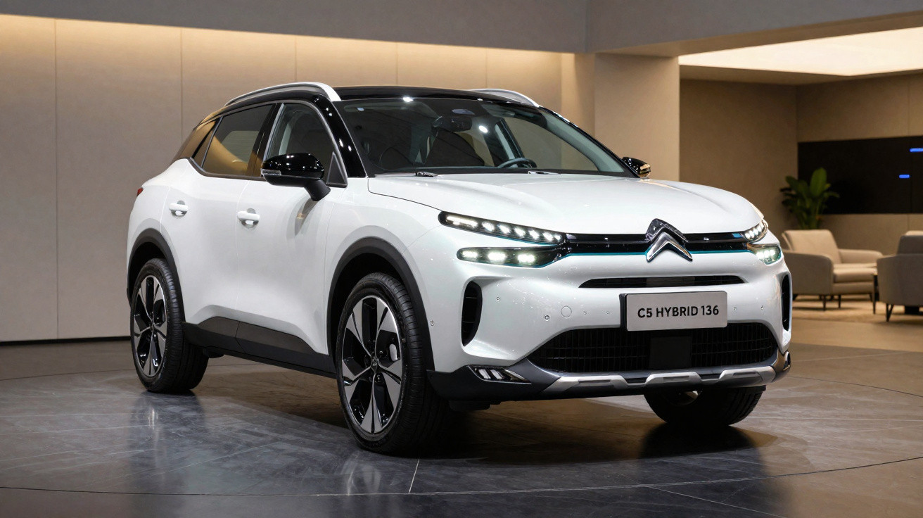 SUV Citroën C5 Hybrid branco estacionado em ambiente interno com iluminação quente.