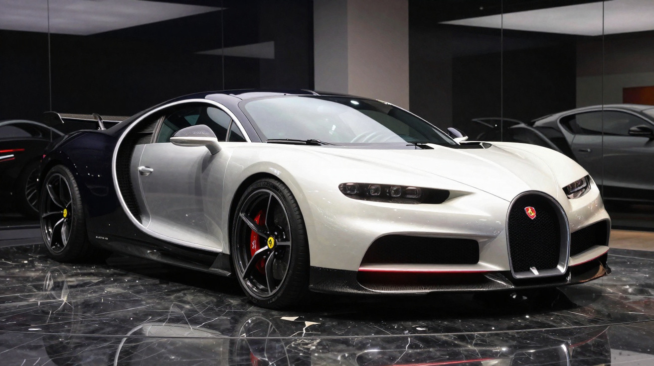Carro esportivo Bugatti Chiron branco e preto exibido em piso de mármore refletivo em showroom elegante.