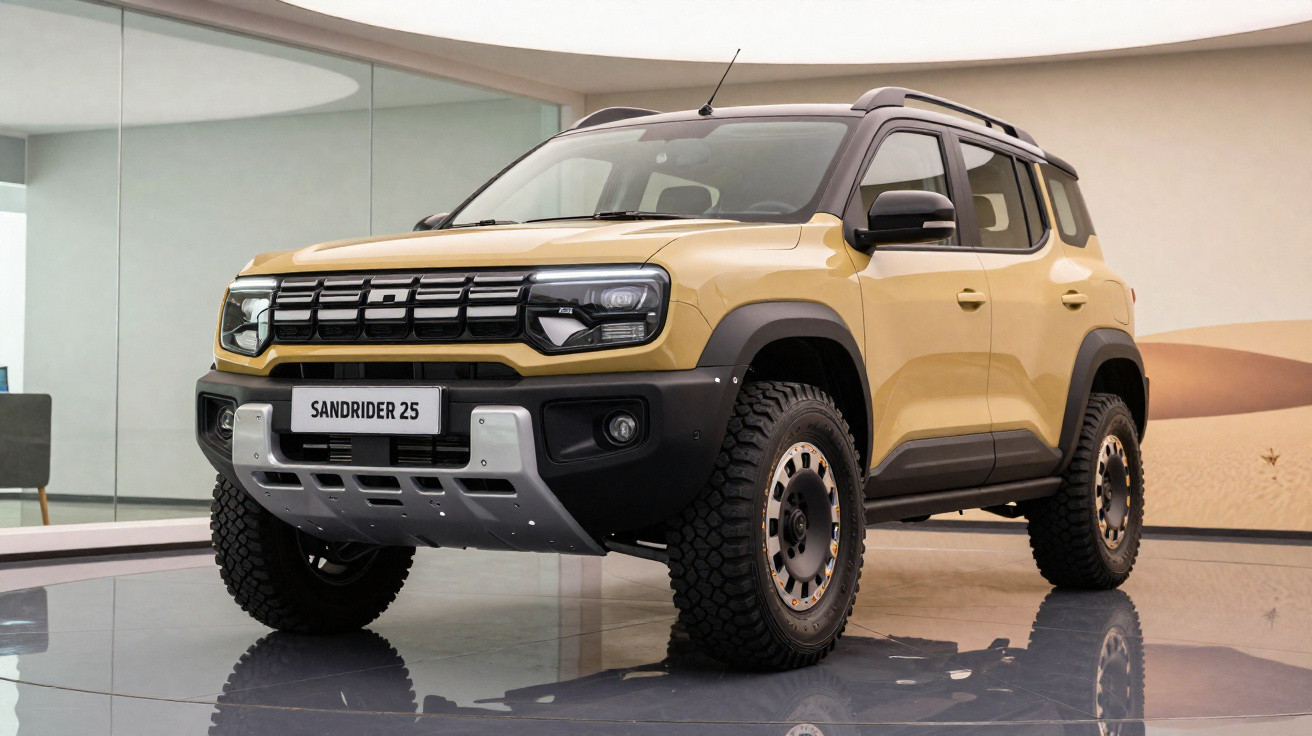 SUV Sandrider 25 bege com pneus off-road exposto em ambiente interno moderno.