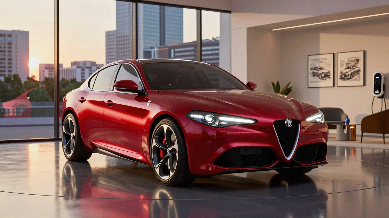 Carro esportivo sedã vermelho Alfa Romeo estacionado em showroom moderno com janelas grandes e vista urbana.