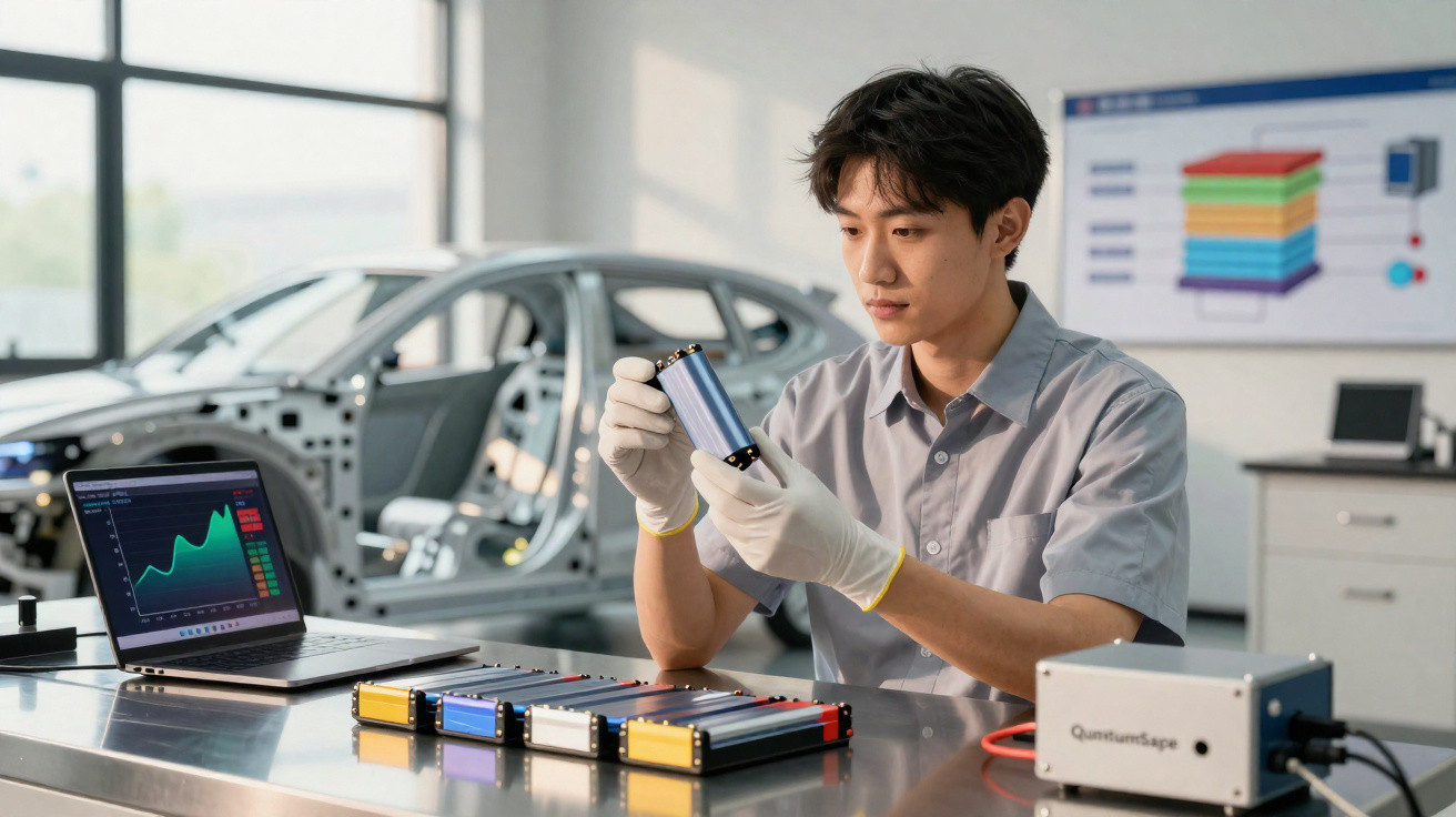 Jovem analisa bateria em laboratório com carro ao fundo e laptop mostrando gráfico de desempenho.