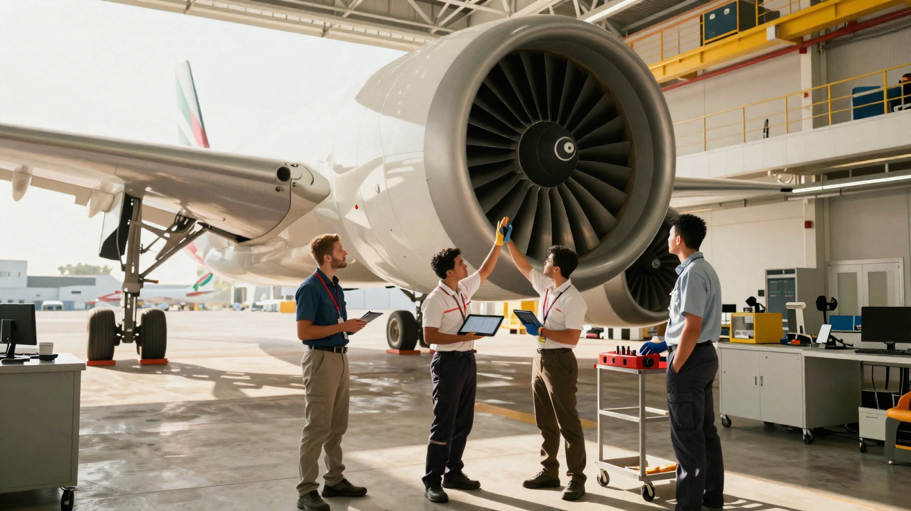Quatro técnicos inspecionam motor de avião em hangar, com tablets e pranchetas nas mãos.