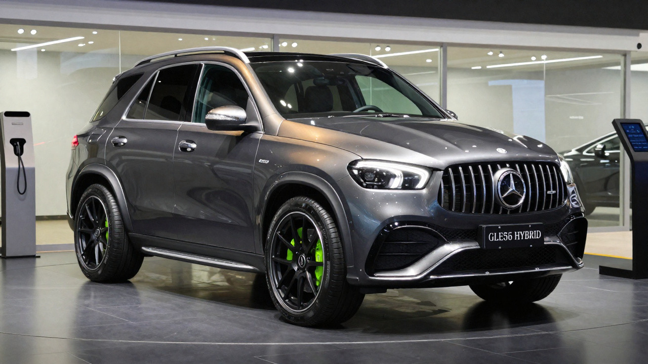 SUV Mercedes-Benz GLE 56 híbrido cinza em exibição em showroom moderno.