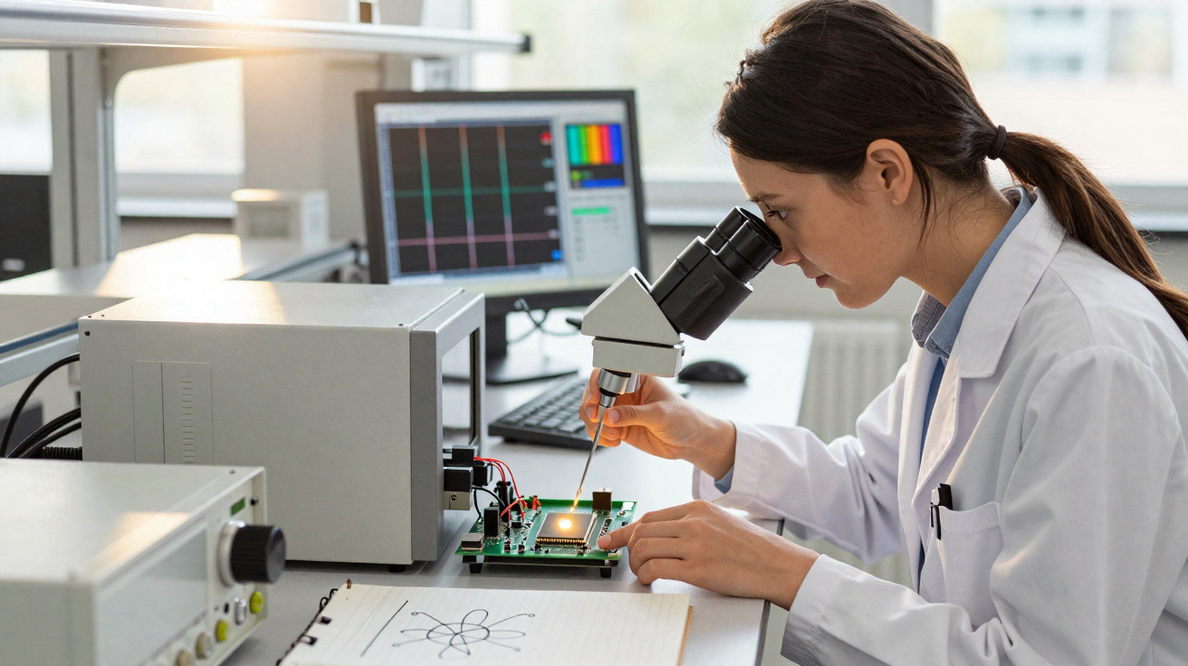 Mulher cientista usando microscópio para examinar circuito eletrônico em laboratório tecnológico moderno.