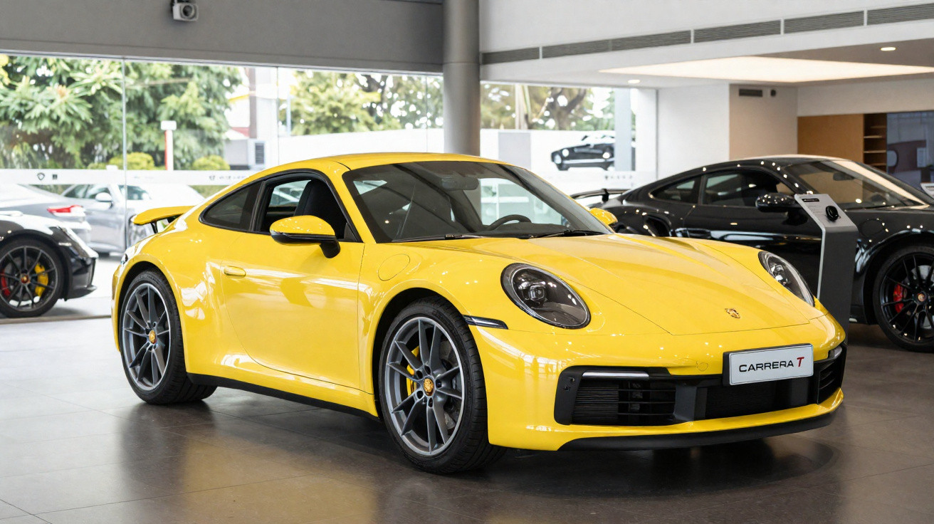 Carro esportivo Porsche Carrera T amarelo exibido em showroom moderno e iluminado.