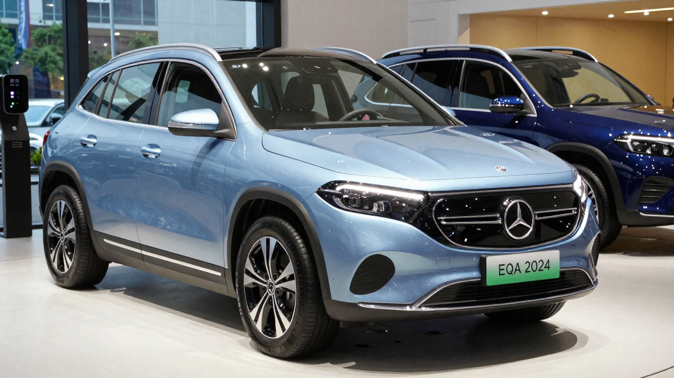 Carro elétrico Mercedes-Benz EQA 2024 azul exposto em showroom moderno.