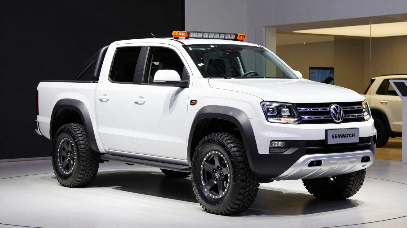 Picape Volkswagen branca modelo Seawatch em exposição com pneus off-road e luzes no teto.