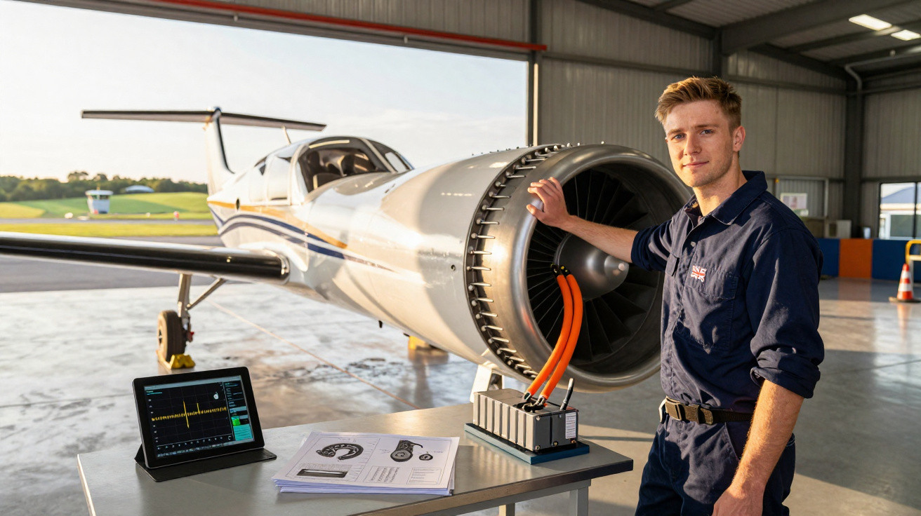 Homem em uniforme azul inspeciona motor de avião estacionado em hangar com mesa e equipamentos ao lado.