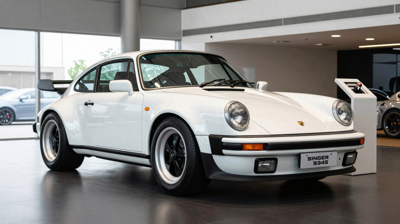 Carro esportivo clássico branco Porsche 911 exibido em showroom moderno.
