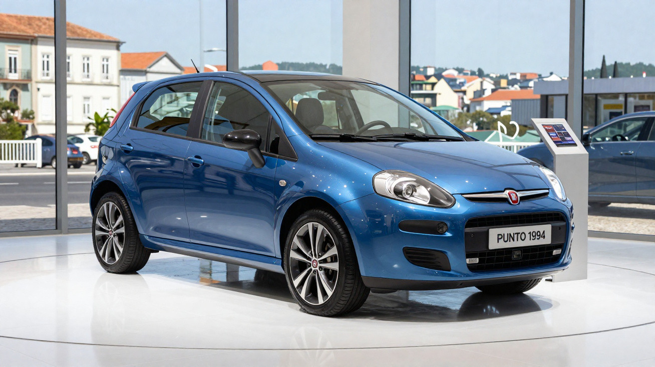 Carro hatchback azul Fiat Punto 1994 em exposição em showroom com fundo de janelas e prédios.