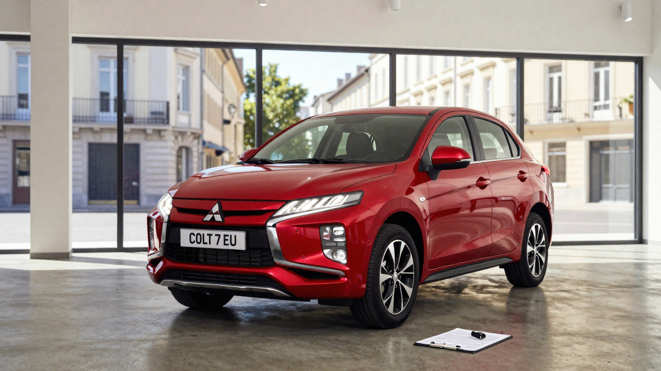 Carro vermelho Mitsubishi Eclipse Cross estacionado em ambiente interno com janela grande ao fundo.