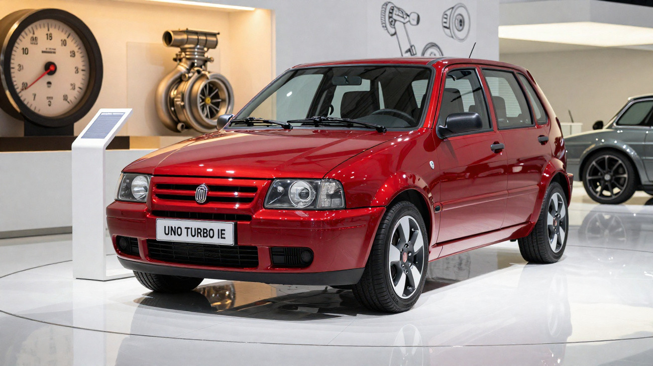 Carro vermelho Fiat Uno Turbo IE exibido em museu com motor e medidor ao fundo.