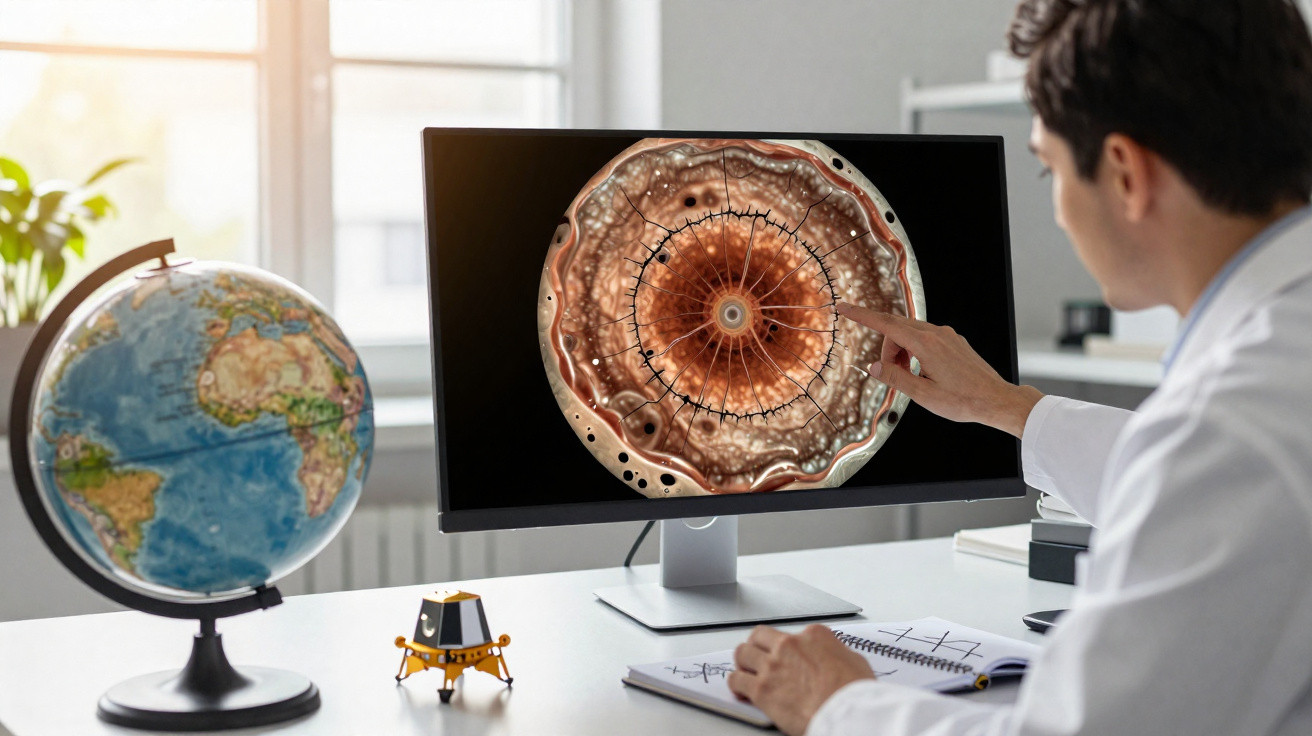 Homem analisa imagem científica de célula no computador, com globo terrestre e modelo espacial na mesa.