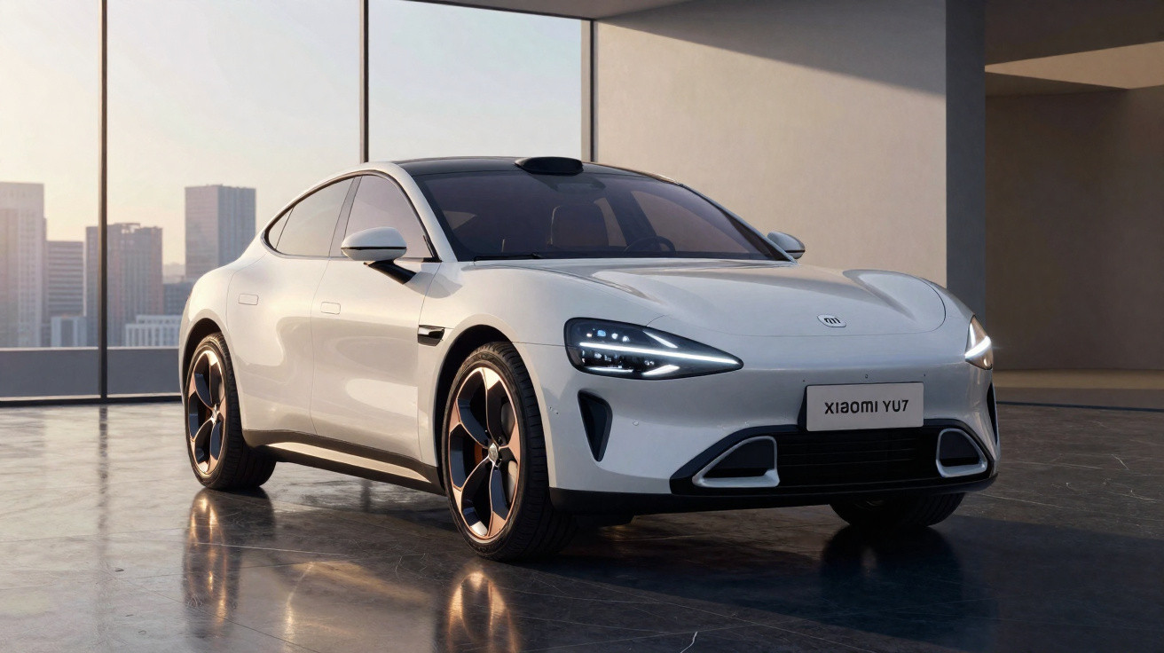 Carro elétrico branco estacionado em ambiente interno moderno com janelas amplas e vista urbana ao fundo.