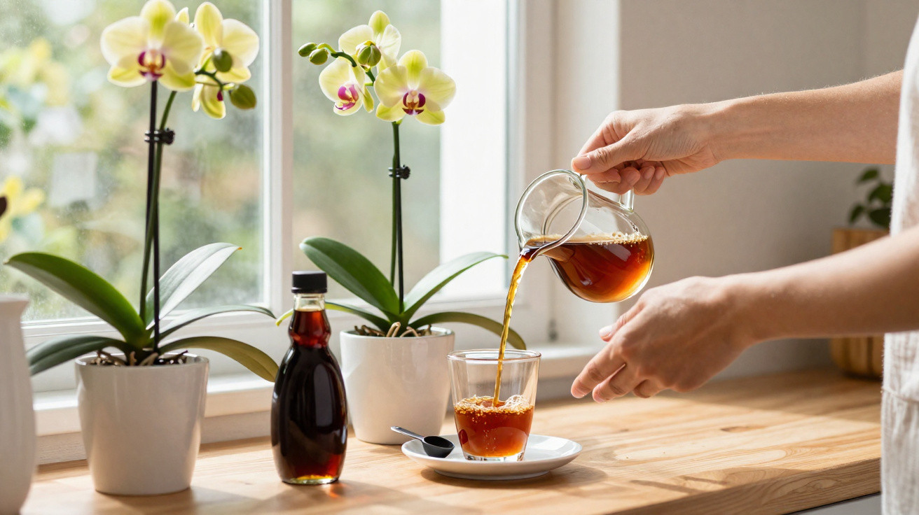 Pessoa servindo café coado em copo na cozinha com orquídeas brancas no parapeito da janela.