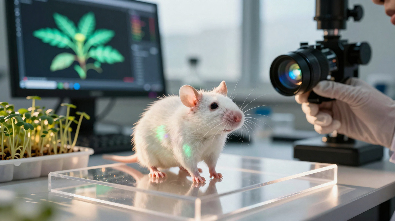 Rato branco sobre plataforma de vidro em laboratório, com câmera e planta na tela ao fundo.