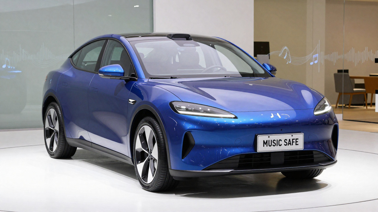 Carro elétrico azul exposto em ambiente interno com placa escrita "MUSIC SAFE".