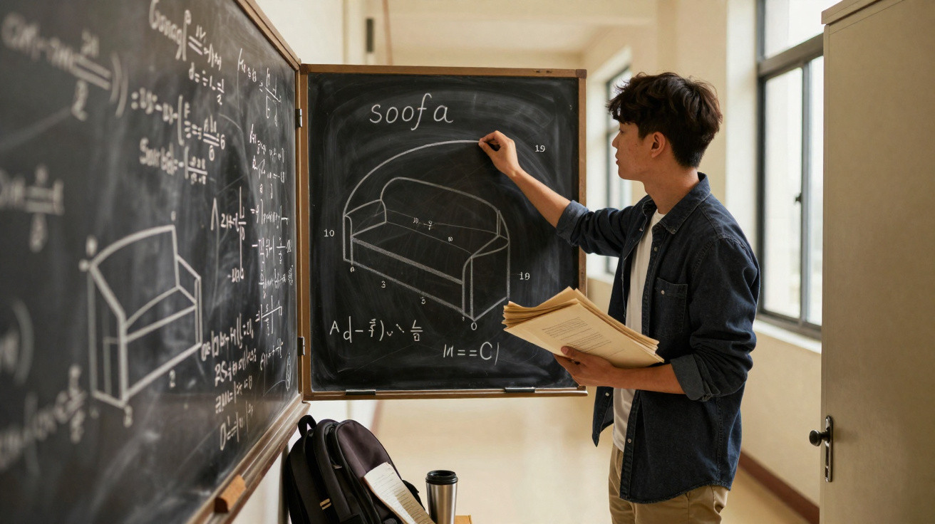 Jovem escreve fórmulas e desenho técnico de sofá em quadro negro na sala de aula iluminada por janela.