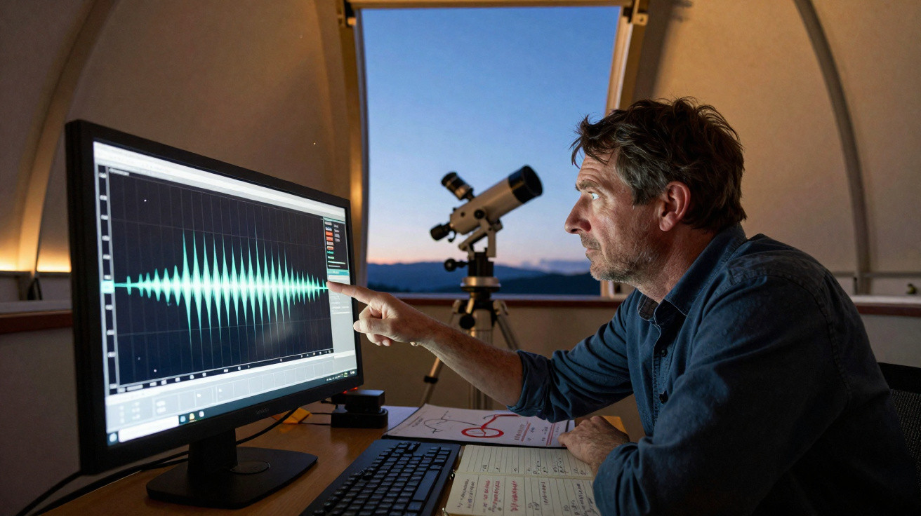 Homem analisando gráfico de ondas sonoras em computador dentro de observatório com telescópio ao fundo.