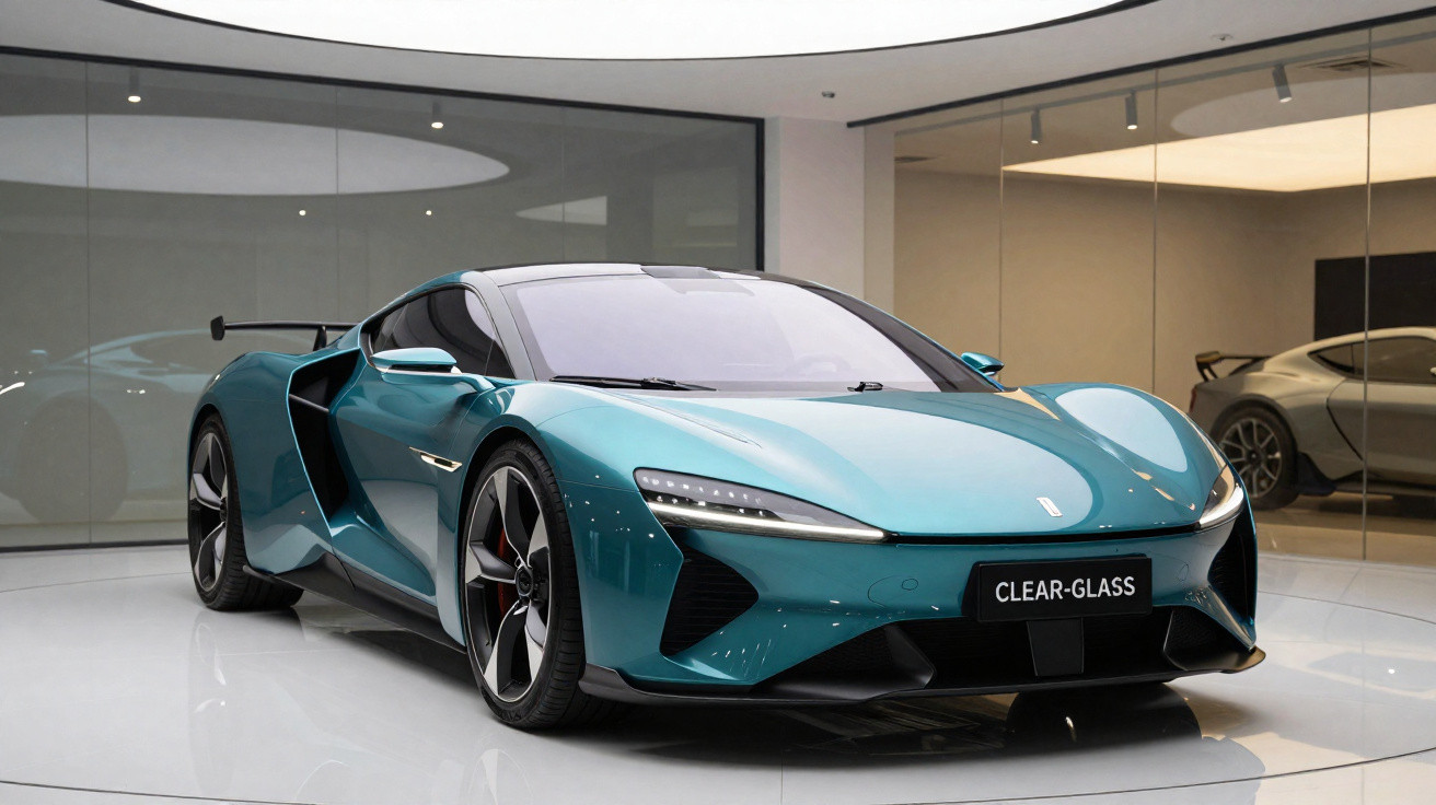 Carro esportivo azul com design futurista em exposição dentro de vitrine de vidro.