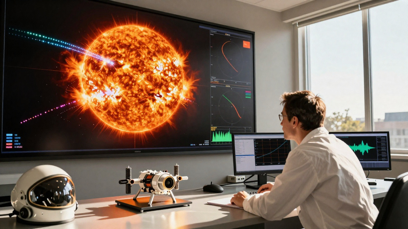 Homem analisando dados do sol e gráficos em múltiplas telas, com capacete de astronauta e modelo espacial na mesa.