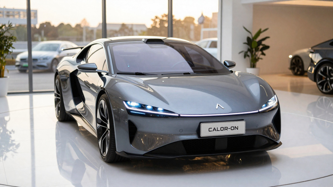 Carro esportivo elétrico cinza Calor-On em exposição, com faróis acesos em ambiente moderno e iluminado.