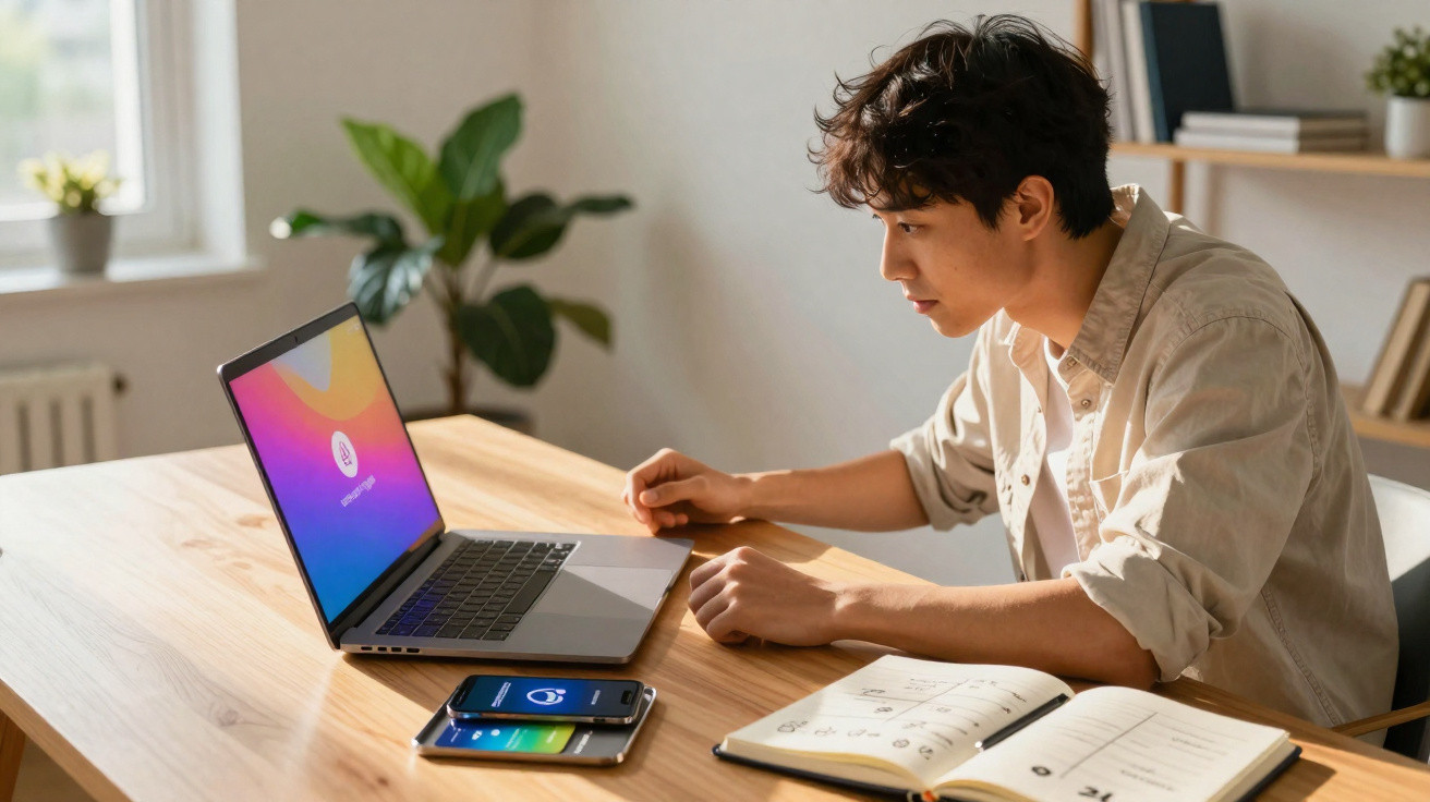 Jovem concentrado em laptop em mesa com caderno aberto e dois celulares ao lado, em ambiente iluminado.
