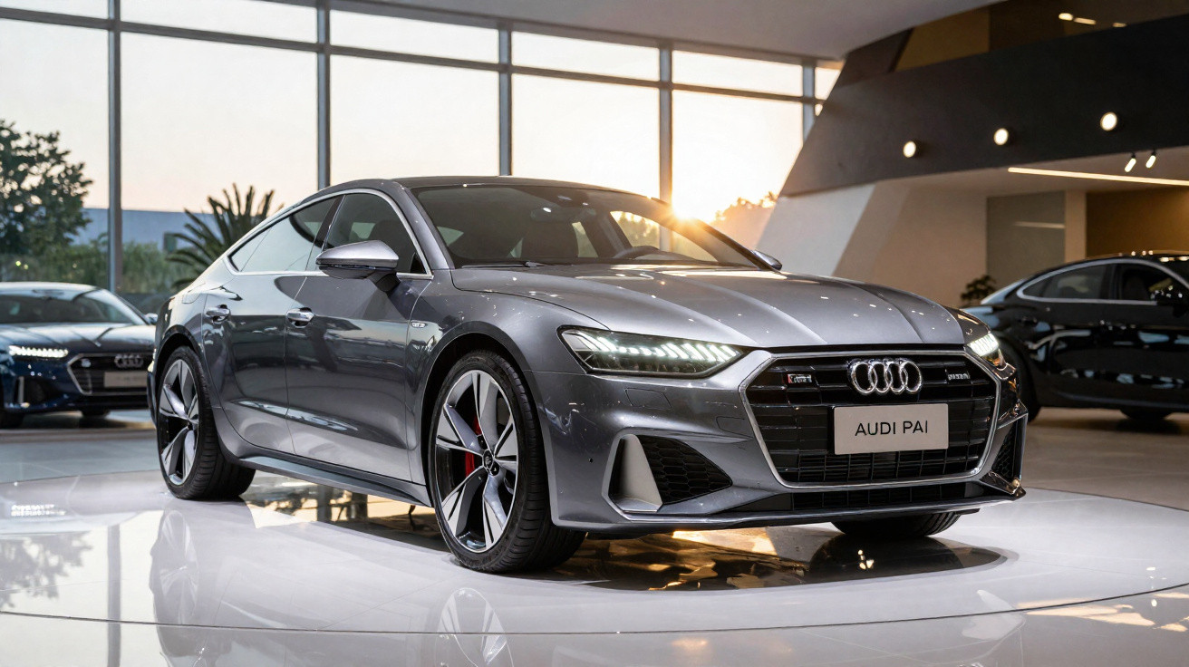 Carro Audi cinza metálico em exibição em showroom moderno, com luz natural entrando pelas janelas grandes.